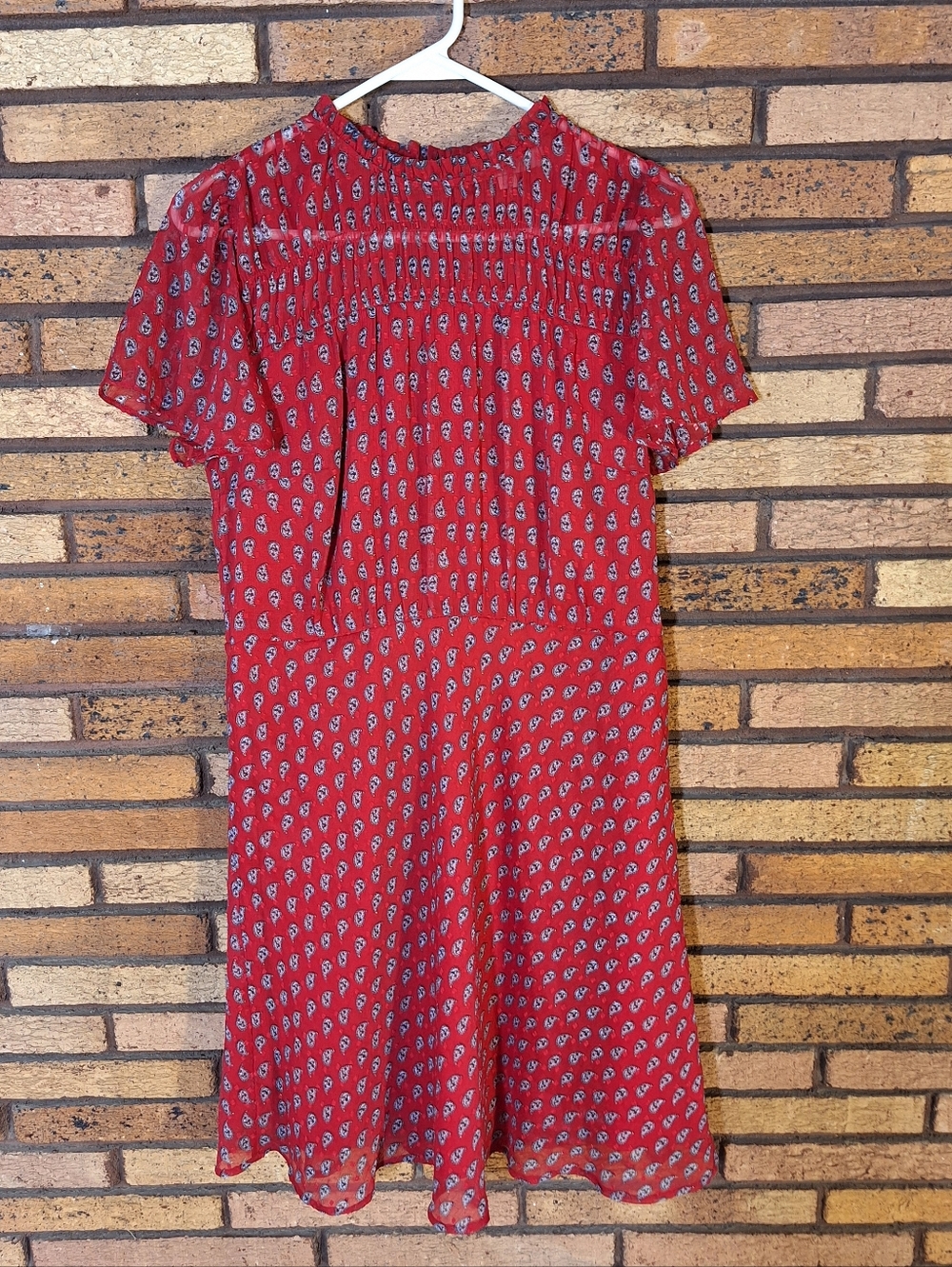 LOFT Size 6 Red Paisley Clip Dot Smocked Yoke Flare Dress